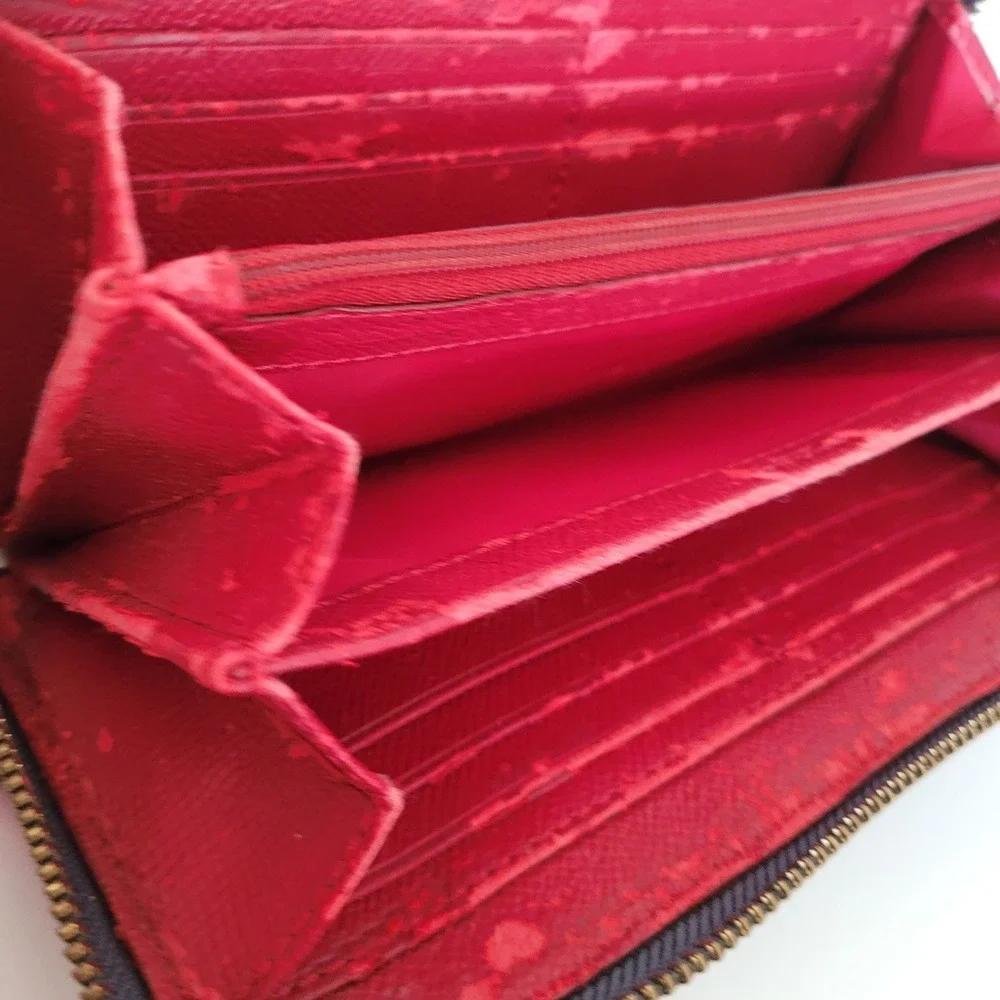 Coach Signature Accordion Zip Wallet Charcoal Red Leather Trim Studded F54007